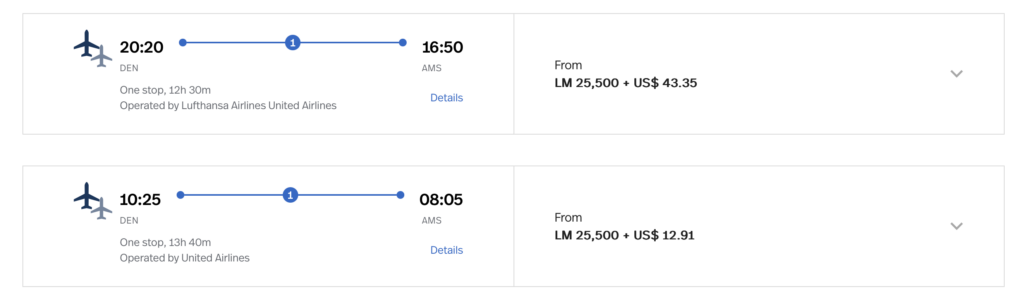 Screenshot prices to Amsterdam from Denver